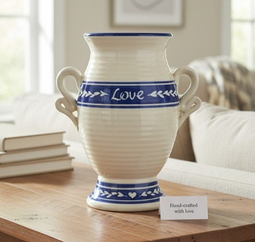 Graystone Pottery Handmade Artisan Vase Love Hearts Handles Beige and Blue 8.5"